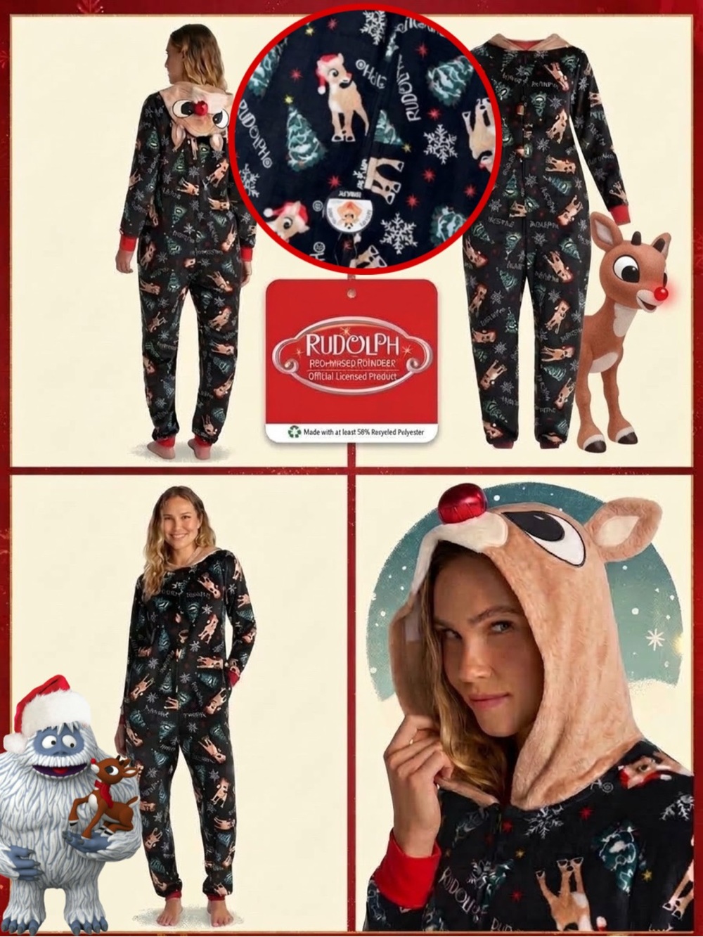 Rudolph the Red-Nosed Reindeer NWT AOP Hooded Onesie Zip Up Fleece Pajamas Sz XL
